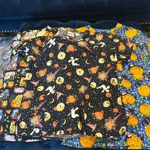 Halloween Print Scrub Shirt — Black with Orange & Yellow Accents